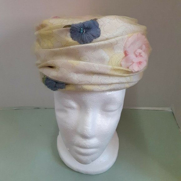 Mid Century Vintage pink and blue floral pillbox design. Made by Henri of NY - Picture 1 of 4